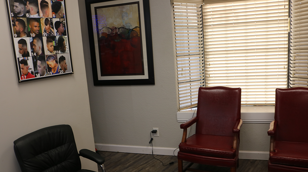 Client waiting area at the Fort Worth barber suite